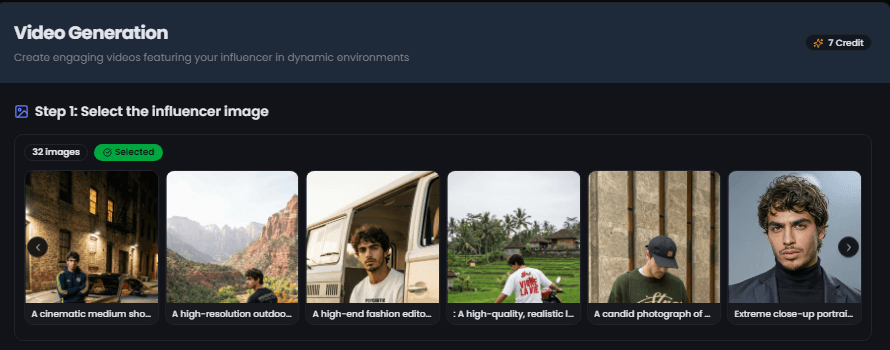Selecting an AI influencer for video generation