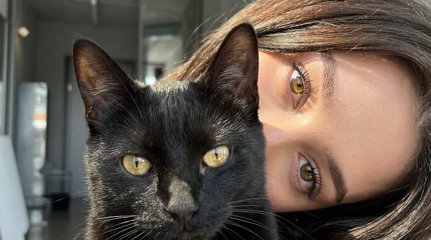Black cat macro beauty illusion AI influencer prompt - four-eye symmetrical portrait with cat