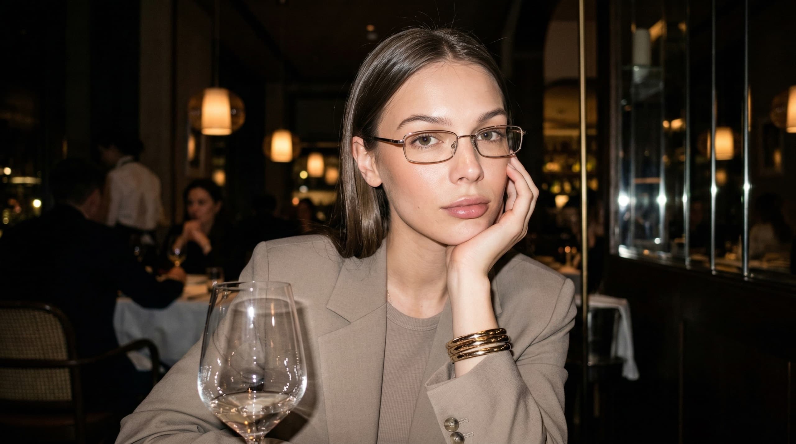 Luxury restaurant flash editorial AI influencer prompt - nighttime paparazzi-style portrait