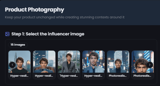 Step 1: Select AI influencer for product photography