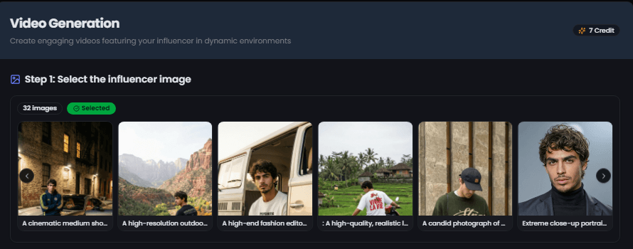 Step 1: Select AI influencer for video generation