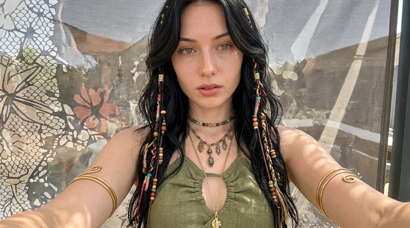 Boho festival selfie, AI copy paste summer image prompt with beaded hair and olive wrap top on danex.ai Boho festival selfie, AI copy paste summer image prompt with beaded hair and olive wrap top on danex.ai